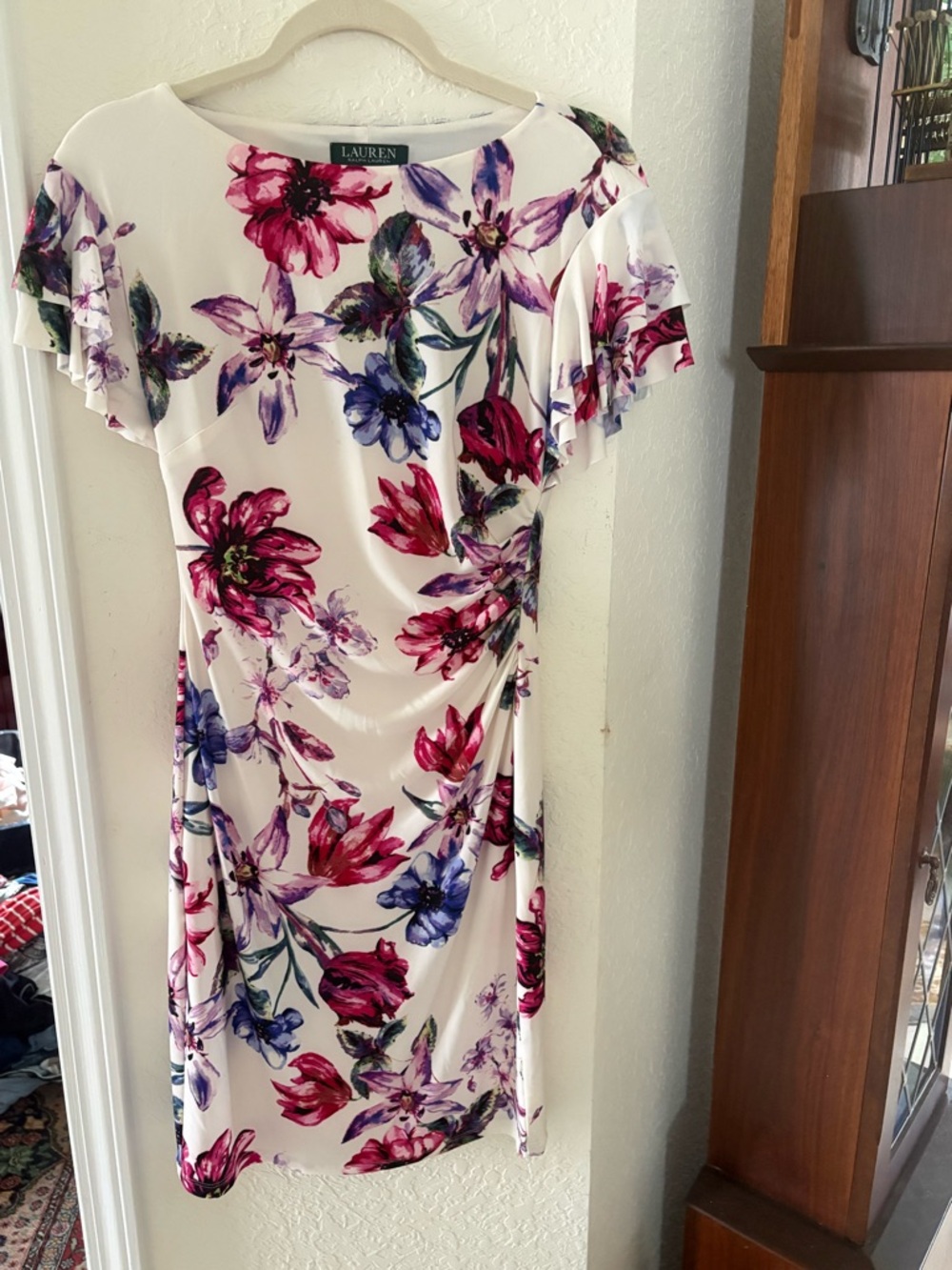 Lauren Ralph Lauren Cream Midi Dress with Pink & Purple Floral Pattern